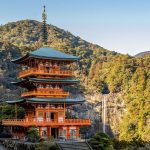 Seiganto-ji Pagoda with Nachi falls in the background, Wakayama Prefecture