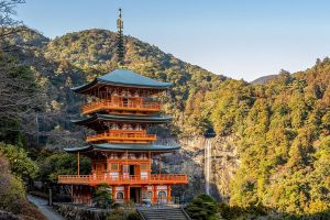 Seiganto-ji Pagoda with Nachi falls in the background, Wakayama Prefecture