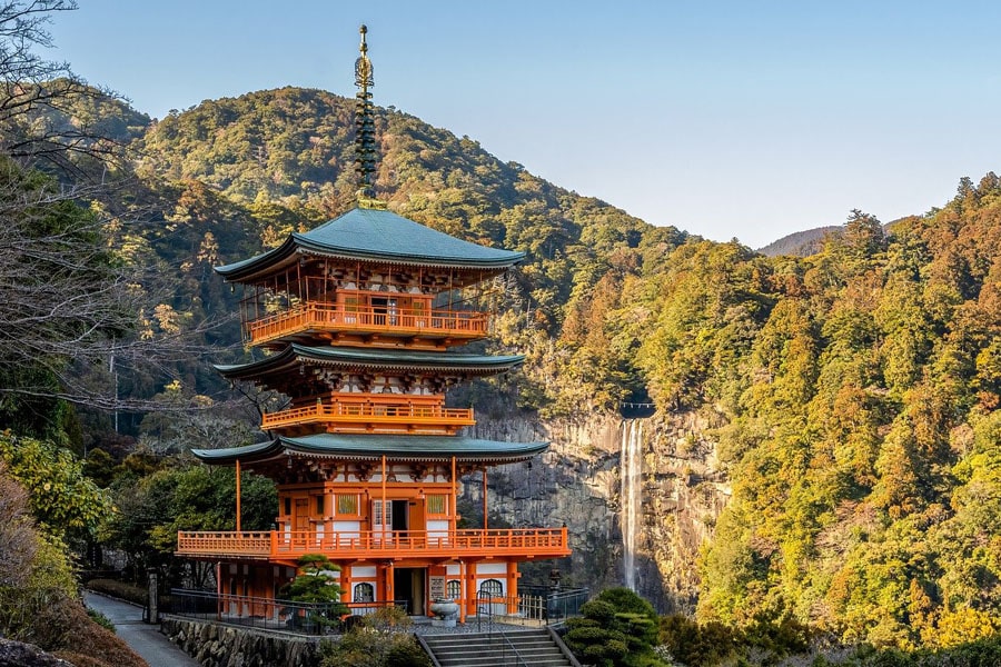 Seiganto-ji Pagoda with Nachi falls in the background, Wakayama Prefecture