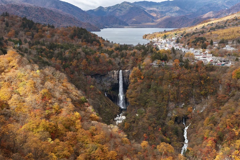 Kegon Falls, Tochigi Prefecture, with Lake Chuzenji in the background.