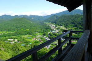 View from Yamadera over looking the mountains covered in thick pine trees