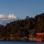 Lake Ashinoko, which surrounds Hakone, with Hakone Shrine floating on the shore, Mount Fuji in the background, Kanagawa Prefecture. It is one of the top 5 things to do in Hakone