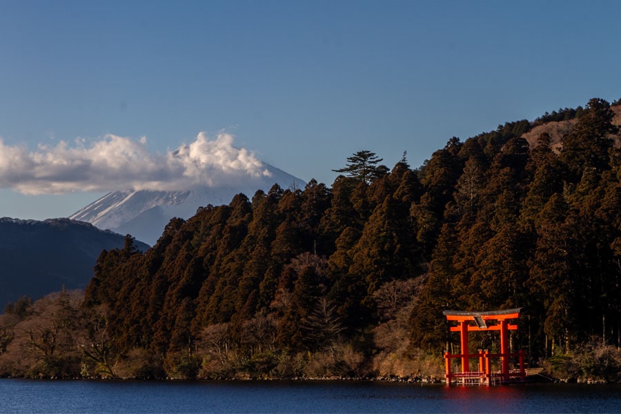 Lake Ashinoko, which surrounds Hakone, with Hakone Shrine floating on the shore, Mount Fuji in the background, Kanagawa Prefecture