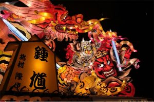 One of the visually striking Nebuta floats at the Nebuta Museum Wa Rasse in Aomori Prefecture, one of the premier things to see and do in Aomori Prefecture.