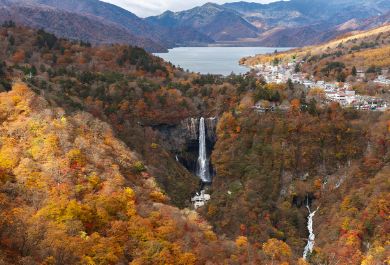 Kegon Falls, Tochigi Prefecture, with Lake Chuzenji in the background.