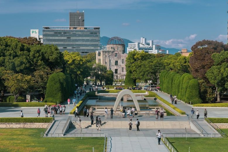 Hiroshima Peace Memorial Park, looking towards the Atomic Bomb Dome, Hiroshima Prefecture.