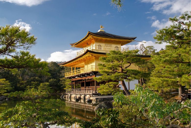 Kinkaku-ji temple as viewed from the side.