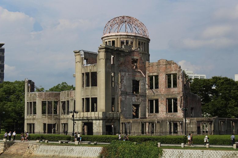 The Atomic Bomb dome, in Hiroshima Prefecture is a historical landmark, showing the damage from the Atomic bomb that was dropped on the city of Hiroshima in World War II.