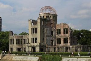 The Atomic Bomb dome, in Hiroshima Prefecture is a historical landmark, showing the damage from the Atomic bomb that was dropped on the city of Hiroshima in World War II.