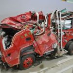 Crushed fire truck inside the Former Kadonowaki Elementary School, a school turned museum remembering the Great Tohoku Earthquake in 2011.