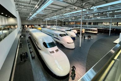 Main exhibition hall at SCMAGLEV and Railway Park, featuring various train models