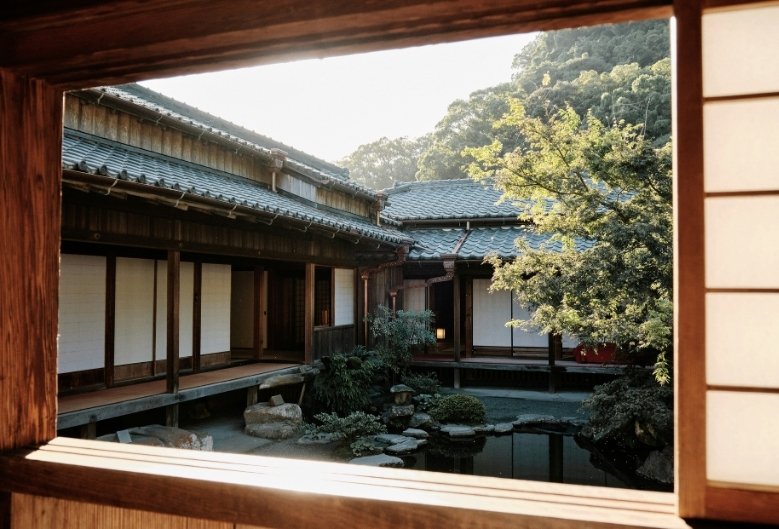 Interior of Iso Residence, with a small wooden garden in a courtyard