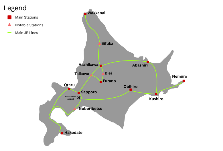 A map of the service area covered by the JR Hokkaido Pass. Main and notable stations like Sapporo, Wakkanai, Asashikawa, Otaru, Furano, Biei and Hakodate are among those listed