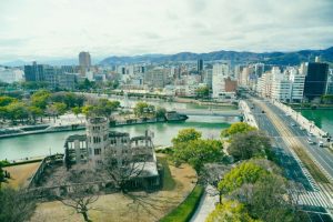 The Atomic Bomb Dome, as seen from the Orizuru Tower in Hiroshima City, Japan.