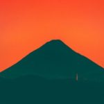 Silhouette of Kaimondake, or Mt. Kaimon in Kagoshima with a striking red sunset.