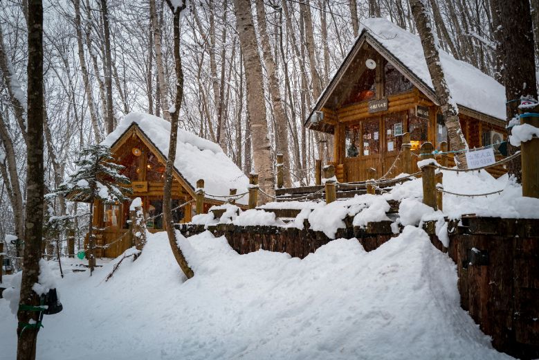 Two log cabins at Ningle Terrace, covered in snow.