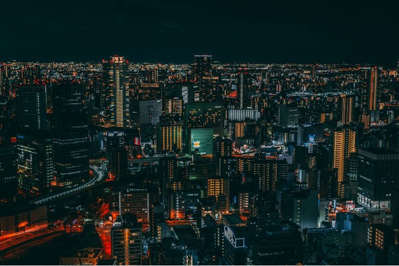 A night view, showing the difference between the views from Abeno Harukas vs Umeda Sky Building.